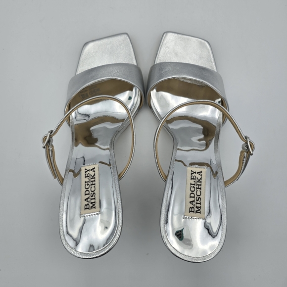 Badgley Mischka Luna Mule With Sculptural Wedge, Silver "LOVE" Heels, Like New! - Picture 12 of 16
